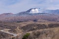 Crater of Mount Naka or Aso Mountain is the largest active volca