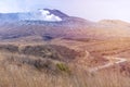 Crater of Mount Naka or Aso Mountain is the largest active volcano in Japan