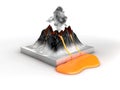 Crater mountain volcano and eruption lava, hot natural eruption, 3d illustration.