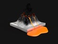 Crater mountain volcano and eruption lava, hot natural eruption, 3d illustration, isolated black