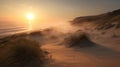 Crater With Sand Dune, Beach Grass, Foggy Shoreline, Soft Muted Waves, And Sunrise Royalty Free Stock Photo