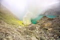 Crater of a volcano with a green sulfuric volcanic lake and volcanic smoke. View of the smoking volcano Kawah Ijen in Indonesia. M Royalty Free Stock Photo