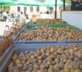 Crates full of raw loose potatoes at a market stall