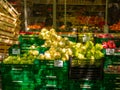 Crates of organic fruits and vegetables in front of store Royalty Free Stock Photo