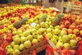 Crates with various sorts of apple fruit on farmers market Royalty Free Stock Photo