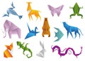 Crawfish, antelope, butterfly, frog, elephant, dove, bear, fish, bull, fox, lizard, hare, dragon. Animals origami set