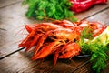 Crawfish. Red boiled crayfish on a wooden table