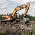 Crawler excavator digs the earth with a bucket. Drainage of swamps. Clearing the construction site.