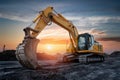 Crawler excavator during earthmoving works on construction site at sunset