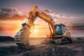 Crawler excavator during earthmoving works on construction site at sunset