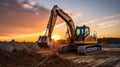 Crawler excavator during earthwork on construction site at sunset. heavy earth mover on the construction site