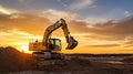 Crawler excavator during earthwork on construction site at sunset. heavy earth mover on the construction site