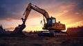 Crawler excavator during earthwork on construction site at sunset. heavy earth mover on the construction site