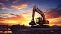 Crawler excavator during earthwork on construction site at sunset. heavy earth mover on the construction site