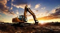 Crawler excavator during earthwork on construction site at sunset. heavy earth mover on the construction site