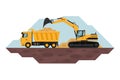 Crawler excavator filling a dump truck, heavy machinery used in mining and construction