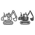 Crawler excavator line and solid icon, heavy equipment concept, Hydraulic excavator truck sign on white background