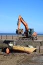 Crawler excavator removing boat wreck from shore