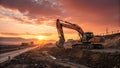 Crawler excavator at sunset construction site Royalty Free Stock Photo