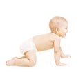 Crawling Baby, Infant Kid Crawl on white, Happy Three Months old Child