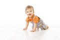 Crawling Baby, Infant Kid Crawl on white floor, Happy One year old Child Royalty Free Stock Photo