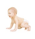 Crawling Baby, Infant Kid Crawl on white, Happy Three Months old Child