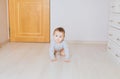 Crawling funny baby boy indoors at home