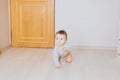 Crawling funny baby boy indoors at home