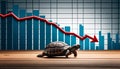 a crawling turtle against the background of a decreasing histogram as a symbol of stagnation and regression