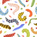 crawling worms pattern. collection biology, caterpillars grasshopper, ecology concept, cartoon funny fantasy fairy tale