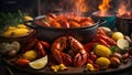 Crayfish Boil: Highlight a crayfish boil, with a steaming pot of crawfish, corn, potatoes, and vibrant spices Royalty Free Stock Photo