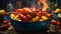 Crayfish Boil: Highlight a crayfish boil, with a steaming pot of crawfish, corn, potatoes, and vibrant spices Royalty Free Stock Photo