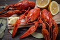 Crayfish. Red boiled crawfishes on table in rustic style, closeup. Lobster closeup.