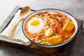 Crayfish soup with tomatoes, corn, pepper, potato and egg close-up in a bowl. Horizontal Royalty Free Stock Photo
