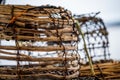 crayfish traps on a fishing boat. lobster wooden pots on the back of a fishing ship in australia Royalty Free Stock Photo