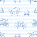 Crayfish vector seamless pattern. Sea animals, marine crabs on striped background. Restaurant seafood menu. Delicacy