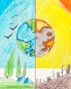 Crayon Childish Drawing for World Environment Earth Day Theme No Plastic, Grow Trees, Save Planet Royalty Free Stock Photo