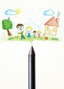 Crayon close-up with a drawing of a family Royalty Free Stock Photo