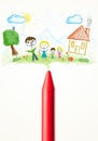 Crayon close-up with a drawing of a family Royalty Free Stock Photo