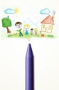Crayon close-up with a paint drawing of a family Royalty Free Stock Photo