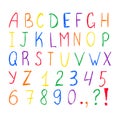 Crayon, color pencil alphabet font. Bright rainbow colored alphabet letters, numbers and symbols. Vector chalk textured Royalty Free Stock Photo