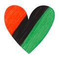 Crayon colored pencil hand drawn grunge textured heart in colors of  Pan African flag - red, black, green. African American flag, Royalty Free Stock Photo