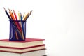 Crayon or colored pencils in box laying on a stack of books. Knowledge and education concept. Royalty Free Stock Photo