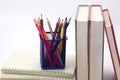 Crayon or colored pencils in box laying on a stack of books. Knowledge and education concept.