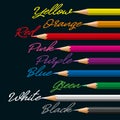 Colorful palette of pencils and their colors write in English Royalty Free Stock Photo