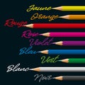 Colorful palette of pencils and their colors write in English Royalty Free Stock Photo