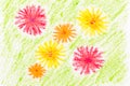 crayon hand drawing green texture flowers