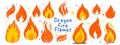 Crayon hand drawn fire flames set. Grunge elements with scribble texture. Bright sketch doodle collection. Royalty Free Stock Photo