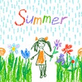 Crayon, pencil or pastel chalk like child`s hand drawn summer girl, rain and flower.