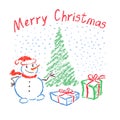Christmas funny smiling snowman on white. Falling snowflakes with christmas tree and box gift. Royalty Free Stock Photo